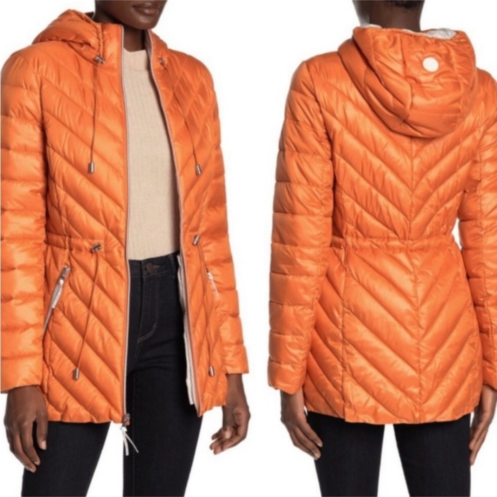 New French Connection Orange Packable Coat Puffer Hood Size Medium